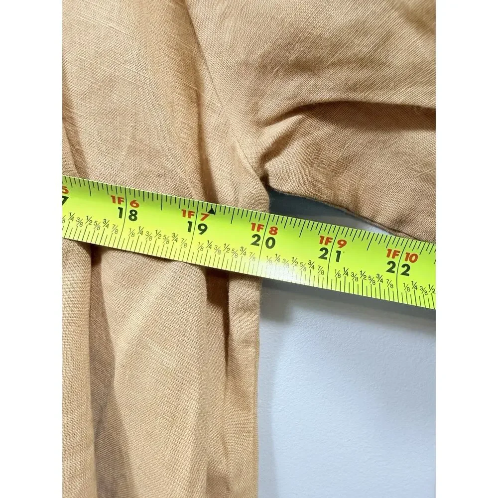 LIVRO Camel 100% Linen Round Neck Button Front Puff Sleeve Shift Dress size XS